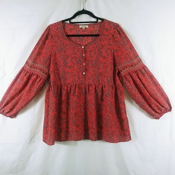 Max Studio Top Women's Pink Floral Peasant Peplum Blouse Size L - Picture 1 of 8